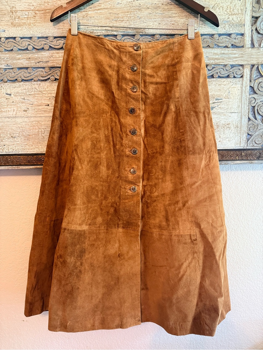 Vintage Button-Front Brown Suede A-Line Skirt